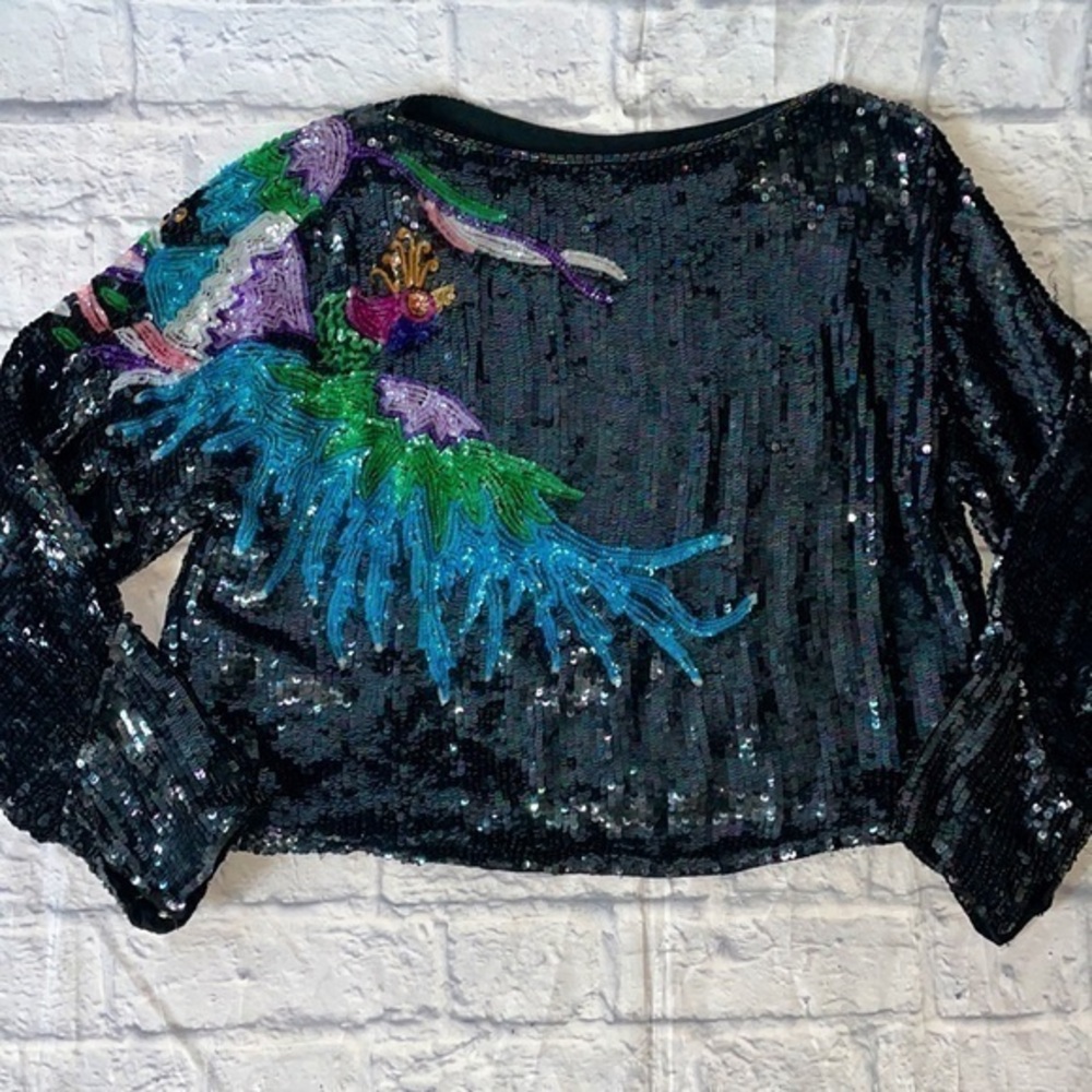 Vintage Peacock Sequin Beaded Cropped Judith Anne Creations Blouse Cropped Top